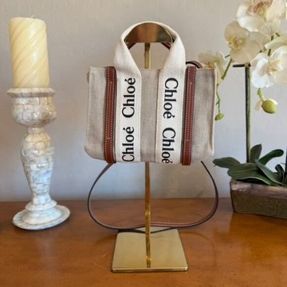 Chloe Handbags - Chloe Mini Woody Tote White & Brown Linen Canvas Pre-Owned | Retail $880